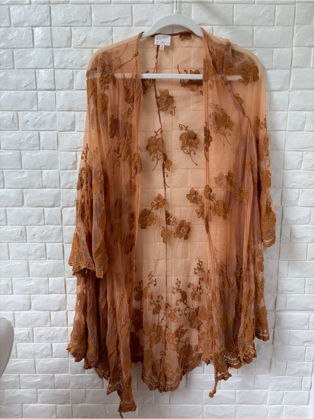 Embroidered Sheer Floral Kimono Tunic in Rust